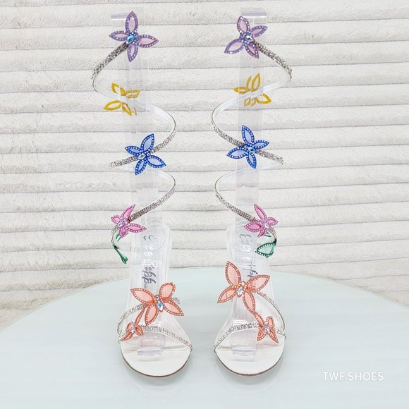 Cape Robbin Shoes - Fly Girl White Upper & Rhinestones Multi Color Butterfly Wrap Strap High Heels